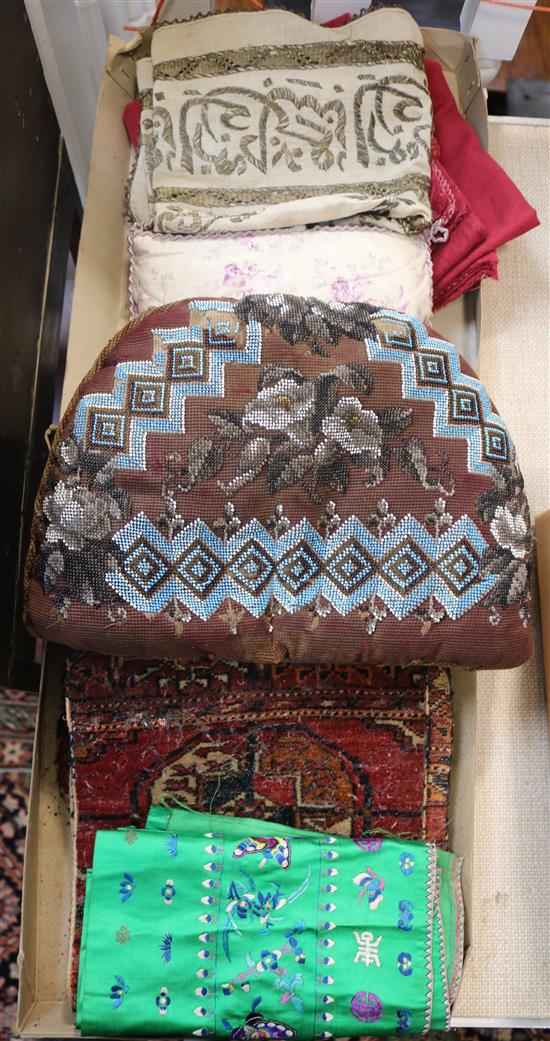 A Chinese embroidery, a late 18th century brocade panel, and a Berlin bead work, etc.